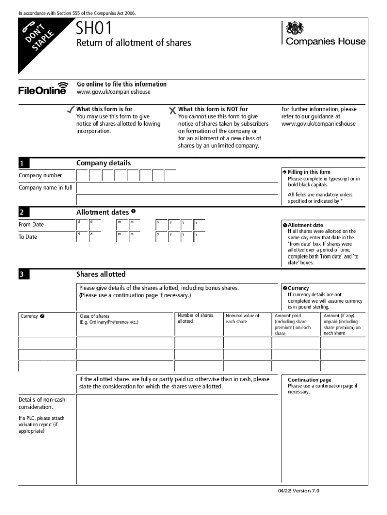 SH01 Return of Allotment of Shares You May Use This Form to Give Notice of Shares Allotted Following Incorporation