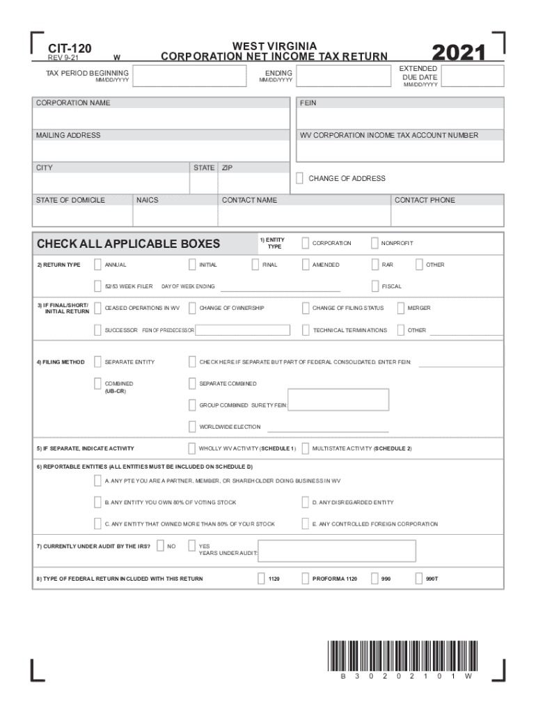  West Virginia Form CIT 120 Corporate Net Income Formerly CNF 2021-2024