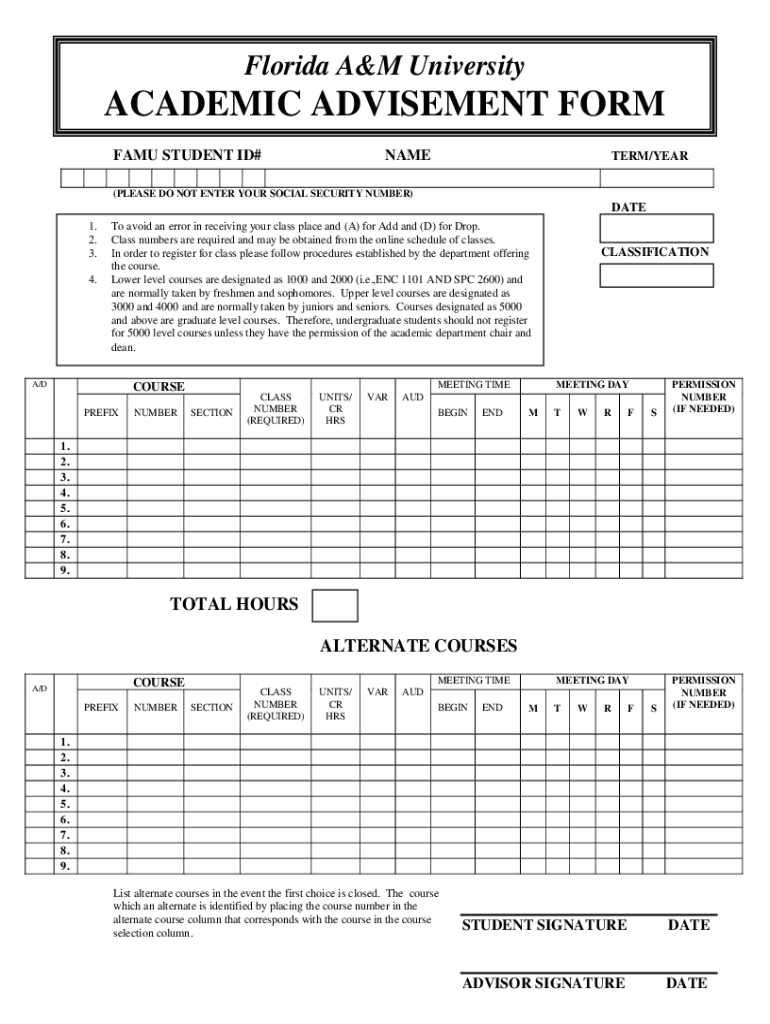  Florida A&amp;M UniversityACADEMIC ADVISEMENT FORM FAM 2012-2024