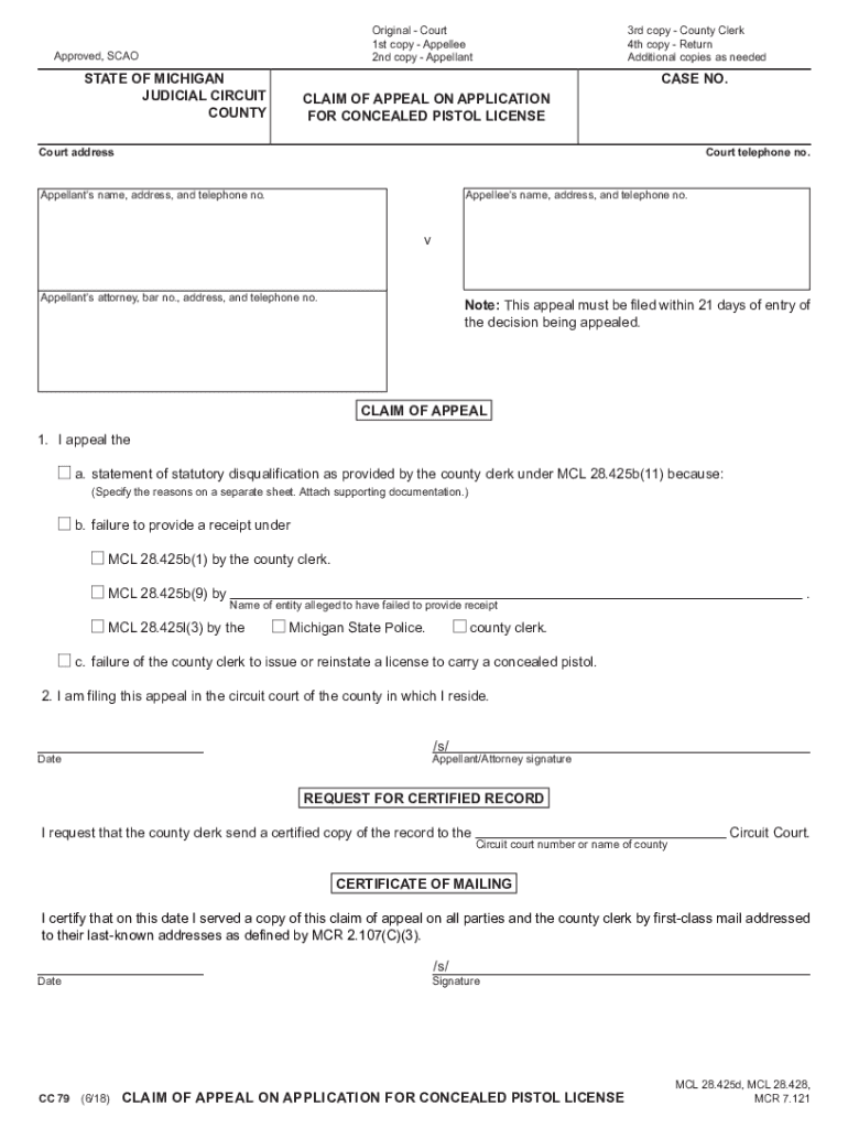 CC 79, Claim of Appeal on Application for Concealed Pistol License  Form