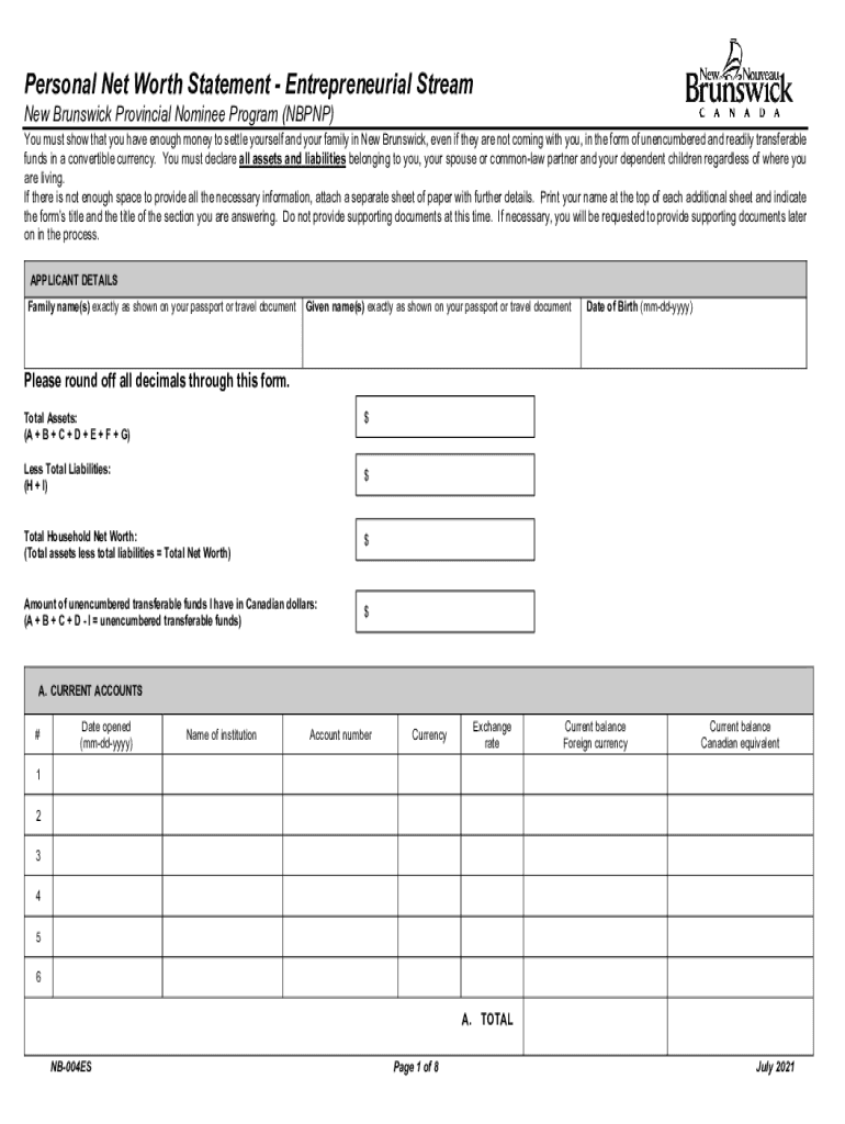 NB 004ES Personal Net Worth Statement Document Header  Form