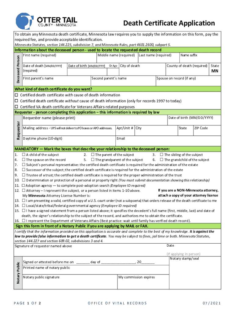 Death Certificate Application Minnesota's Youngest County  Form