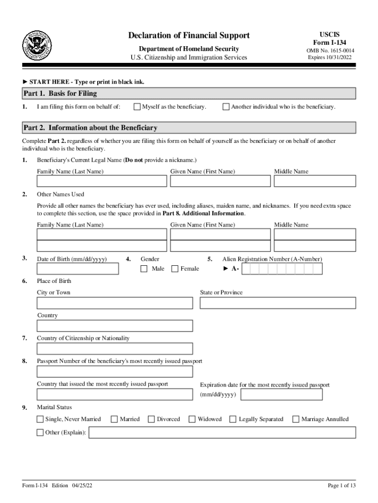  Affidavit of Support USCISI 134, Affidavit of Support USCISPetition for Alien RelativeUSCISI 134, Affidavit of Support USCIS 2022