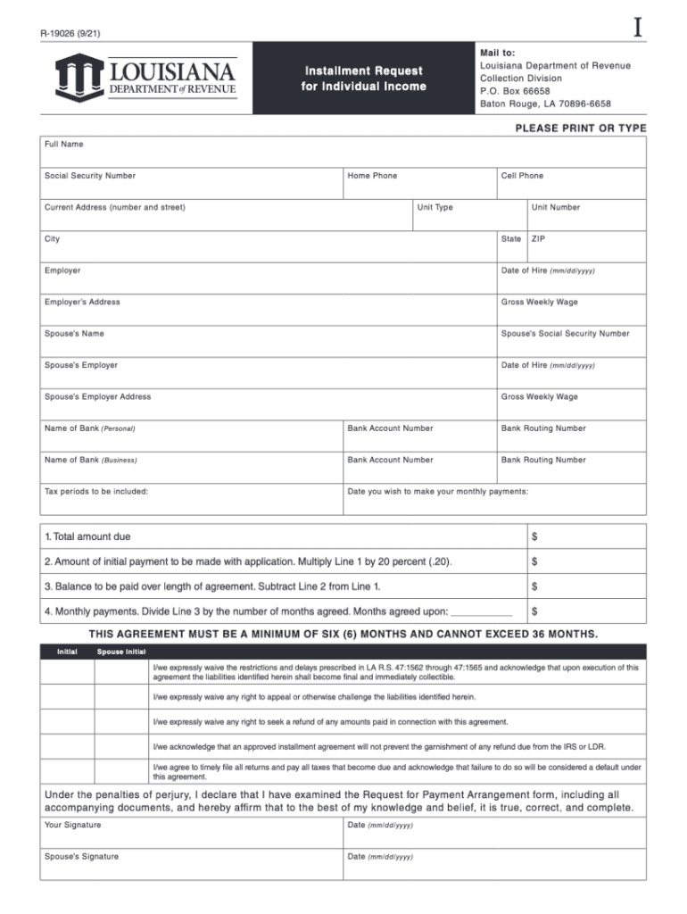 Revenue Louisiana GovTaxForms19026921FLouisiana Department of Revenue Installment Request for