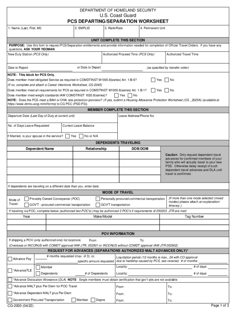 PCS DepartingSeparation Worksheet PCS DepartingSeparation Worksheet  Form