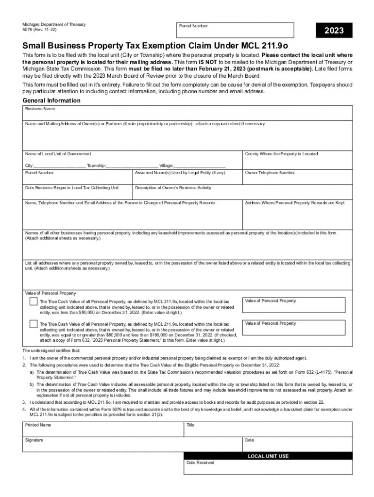  5076 Small Business Property Tax Exemption Claim under MCL 2023-2024