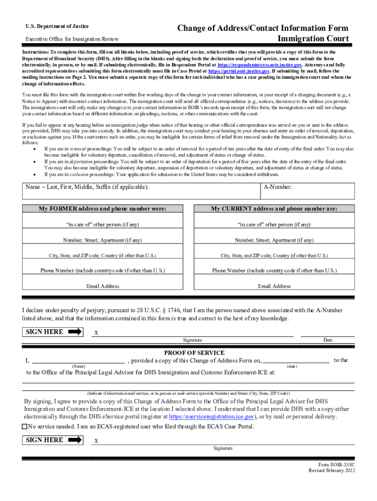  Form EOIR 33 Change of AddressContact Information Form English 2022-2024