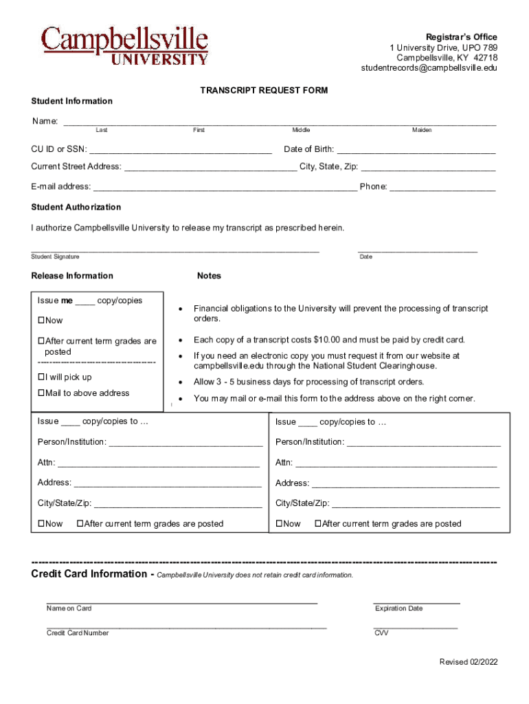 Campbellsville University Transcript Request  Form