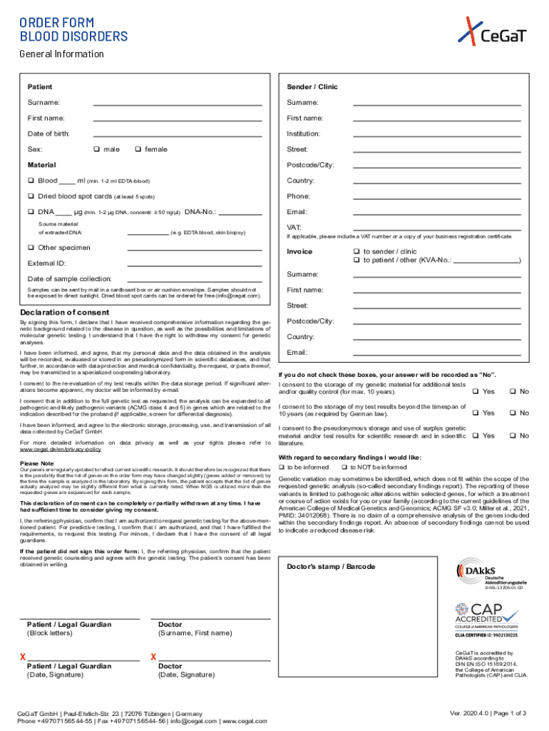 Www pdfFiller Com502941143 CeGaT Order Form2019 CeGaT Order Form Germline Tumor Syndromes Fill Online