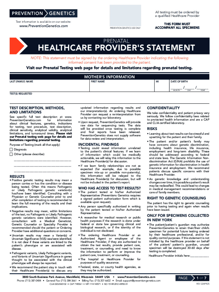 WI PreventionGenetics Prenatal Healthcare Providers Statement  Form