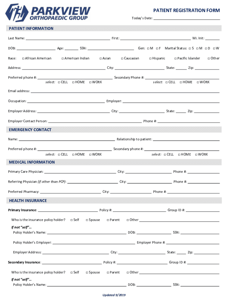 Fillable Online New Patient Registration Form Today's Date