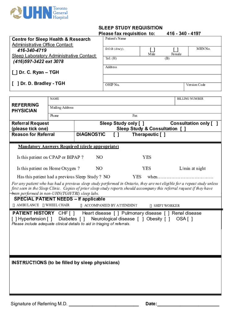  Fillable Online SLEEP STUDY REQUISITION Toronto General 2019-2024