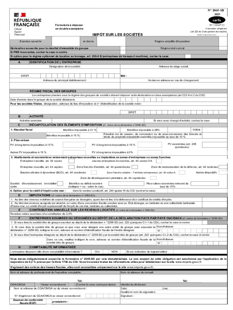 Dclaration 2065 SD Compta OnlineFormulaire De Dclaration D'impt Sur Les Socits 2065Formulaire De Dclaration D'impt Sur Les Socit
