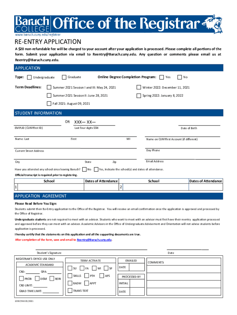  Www pdfFiller Com513143999 Re Entry Application Form CUNY Baruch College Re Entry Application Fill 2021-2024