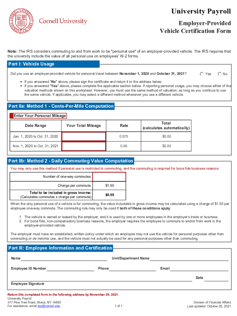  Www Uslegalforms Comform Library474207 CornellCornell University Employer Provided Vehicle Certification 2021-2024