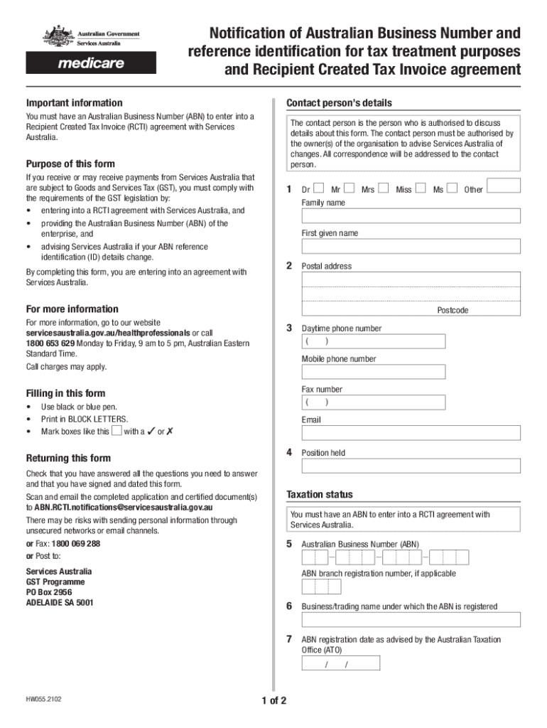 Australian Business Number Notification and RCTI Agreement  Form