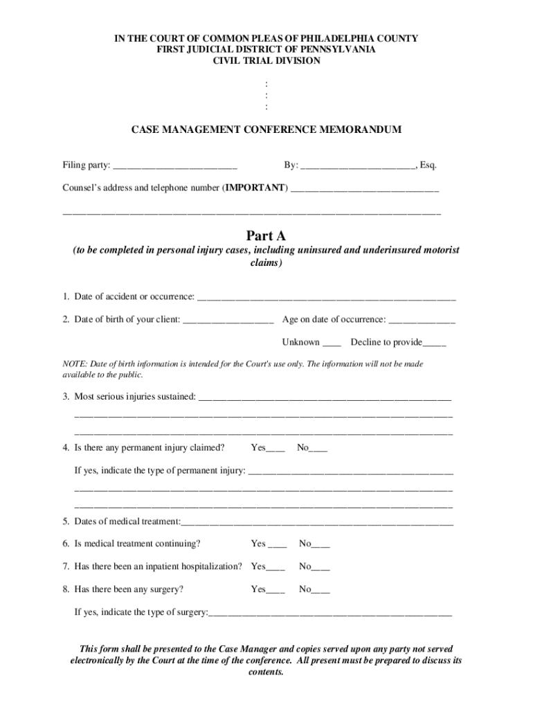 Philadelphia Case Management Court  Form