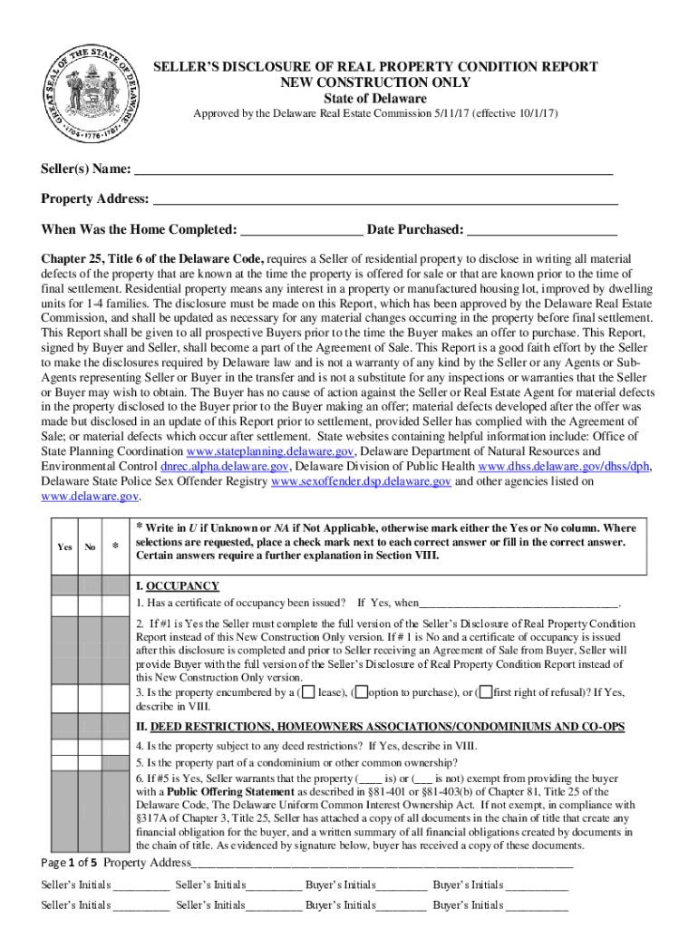 Delaware Seller's Disclosure of Real Property Condition  Form