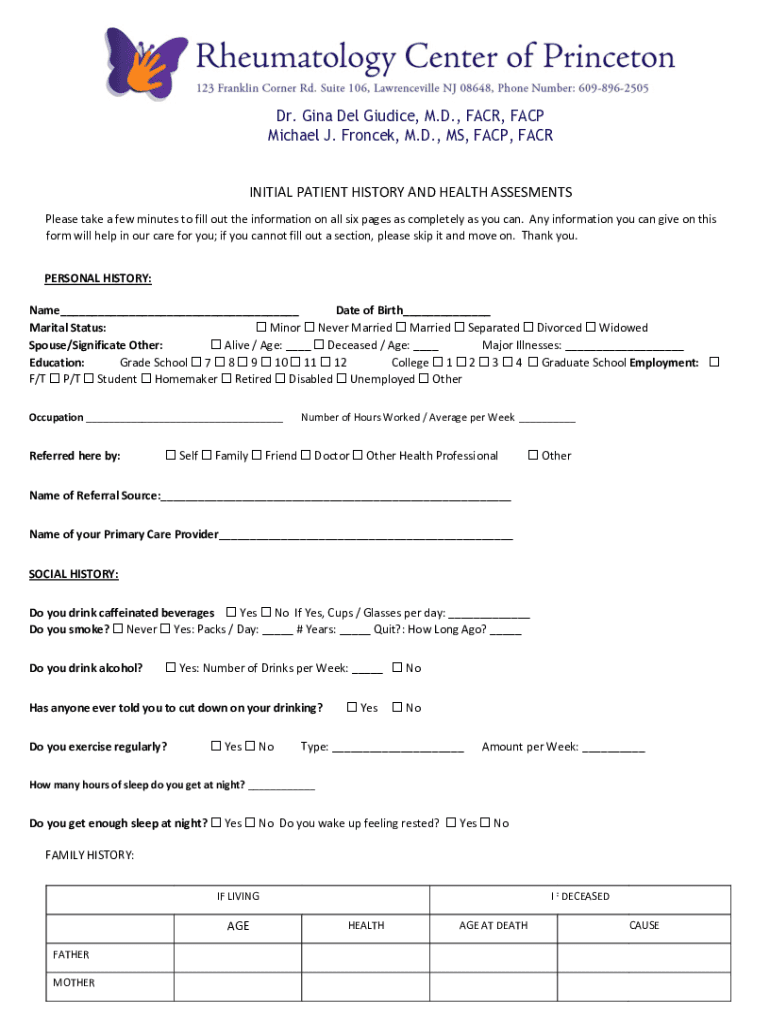 R*1 Initial Patient History and Health Assessments DOCX  Form