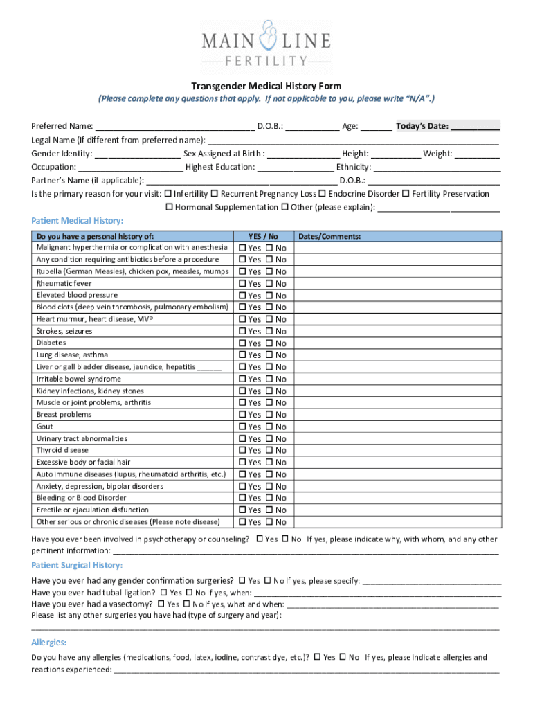 Fillable Online Transgender Medical History Form and