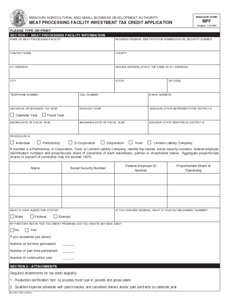 350 1579 1 MEAT PROCESSING FACILITY INVESTMENT TAX CREDIT APPLICATION  Form