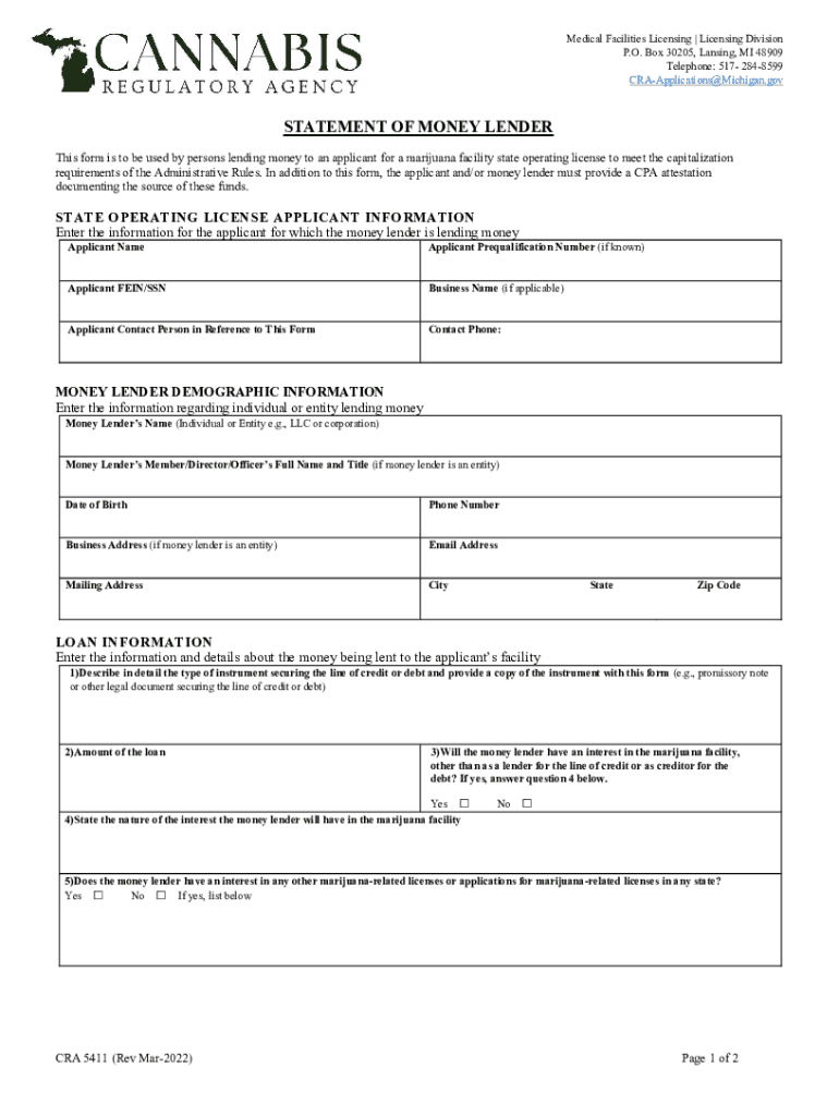 Statement of Money Lender Form