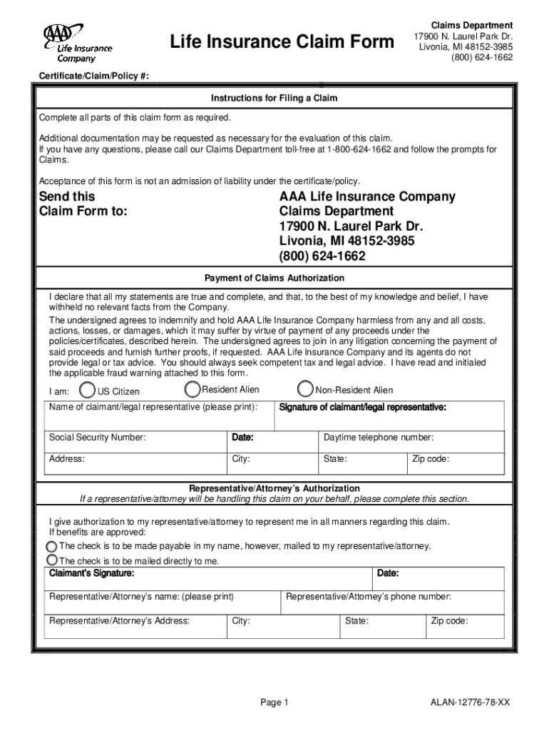 ALAN 12776 78 XX AAA Life Insurance Claim New DOC  Form