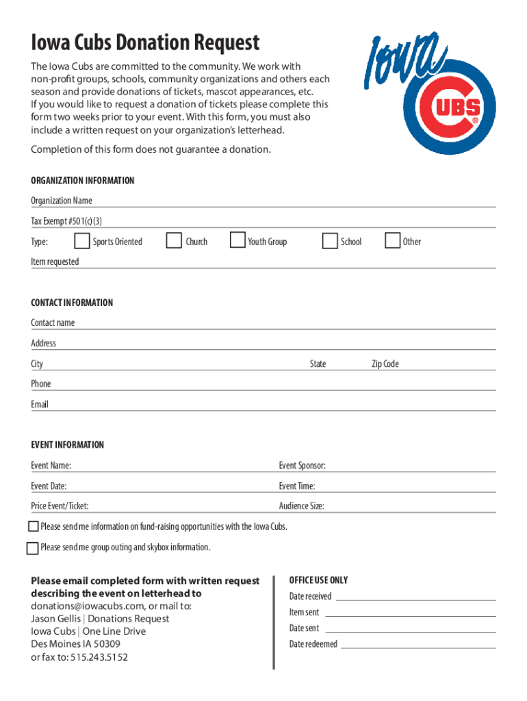 Iowa Cubs Donation Request pdfFiller ComIowa Cubs Donation Request Fill Online, Printable, Fillable  Form