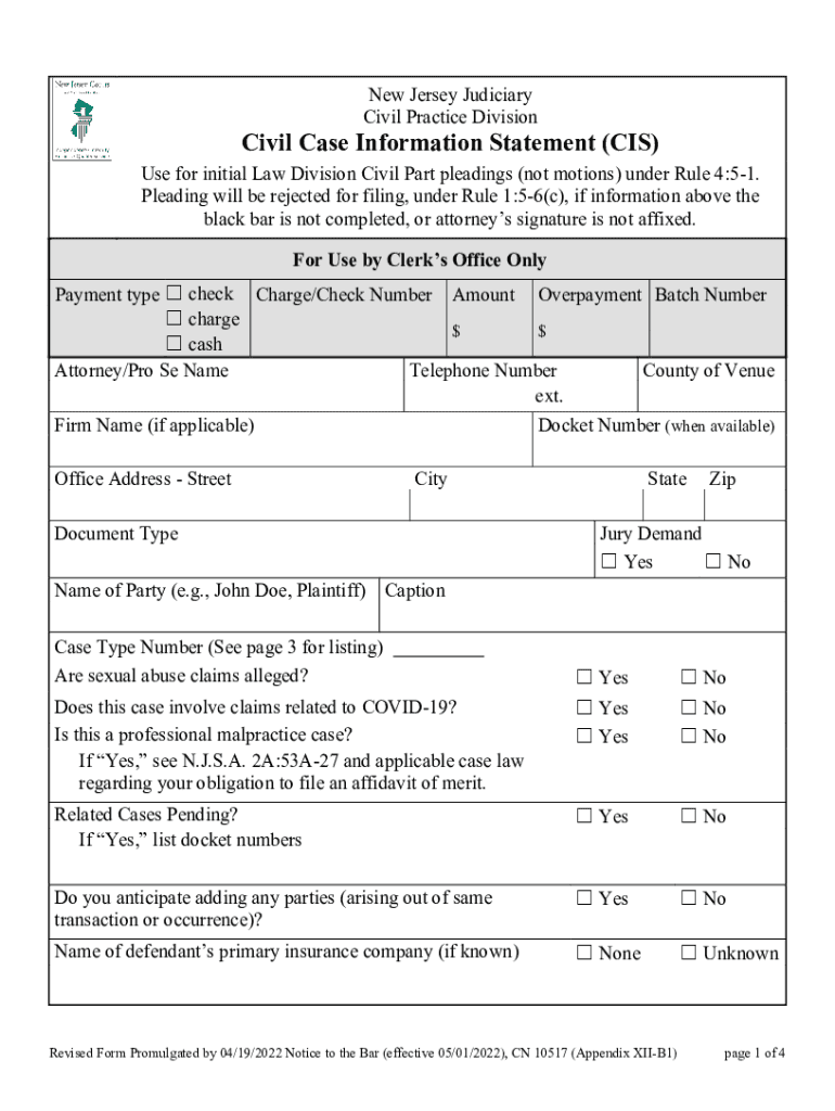  Civil Case Information Statement CIS Civil Case Information Statement CIS 2022-2024