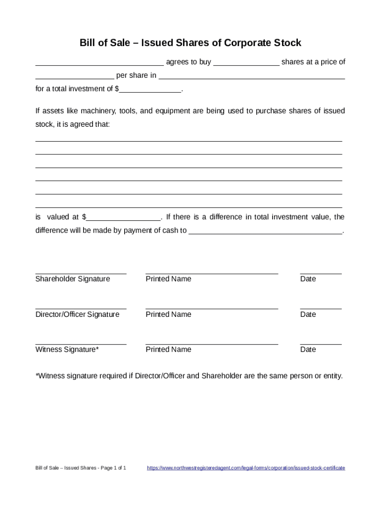  Bill of Sale Issued Shares of Corporate Stock 2021-2024