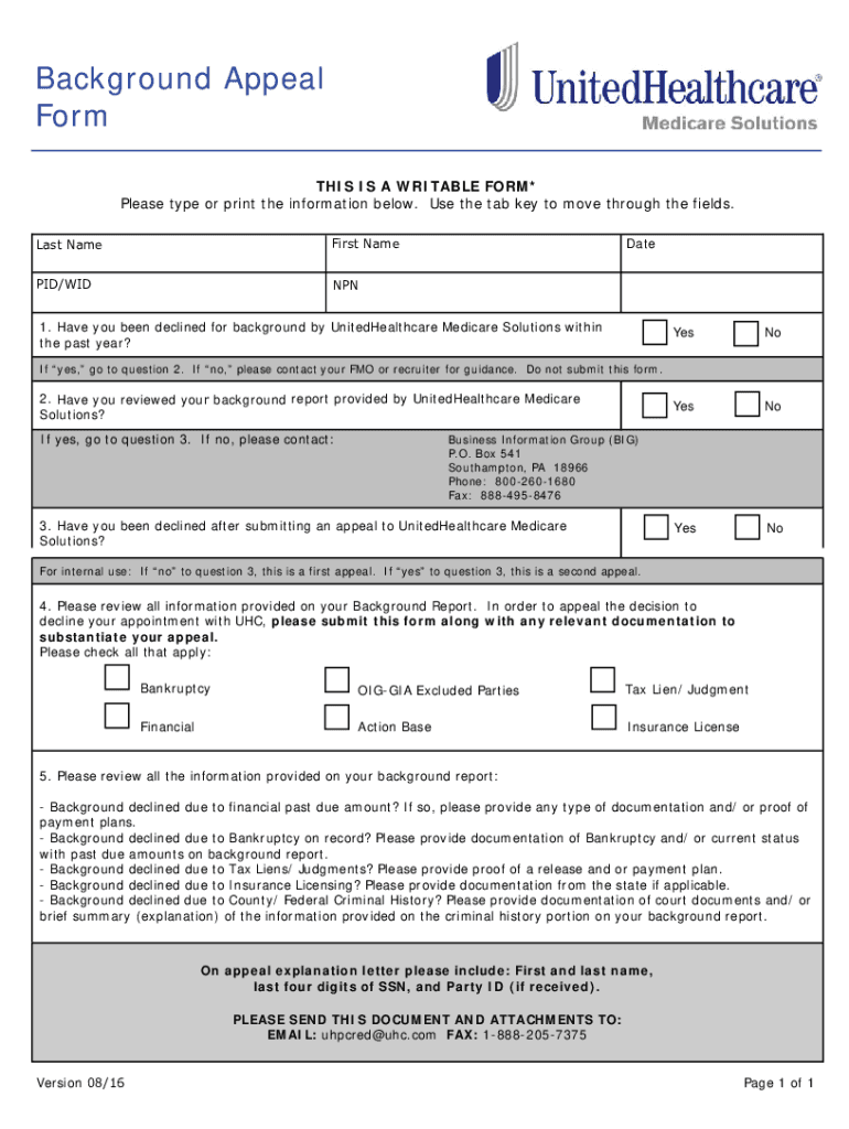  United Healthcare Appeal Form 2016-2024