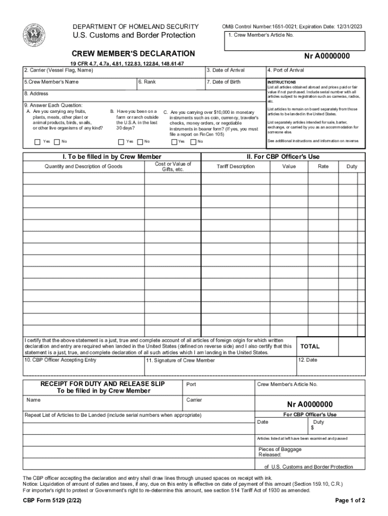  CBP Form 5129 Crew Member&#039;s Declaration 2022-2024