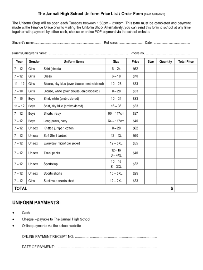 School Uniform Price List