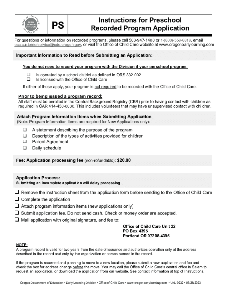 Instructions for Preschool Recorded Program Applic  Form