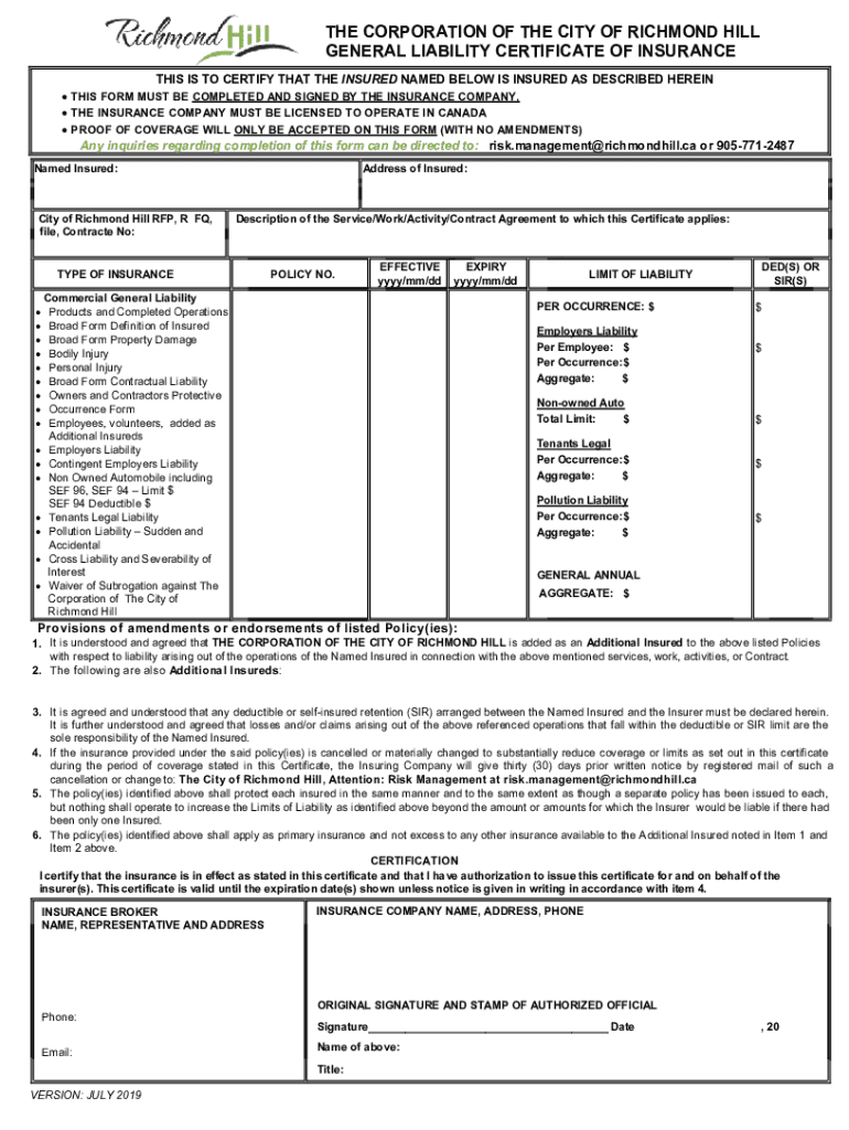  the CORPORATION of the CITY of RICHMOND HILL GENERAL LIABILITY CERTIFICATE of INSURANCE 2019-2024