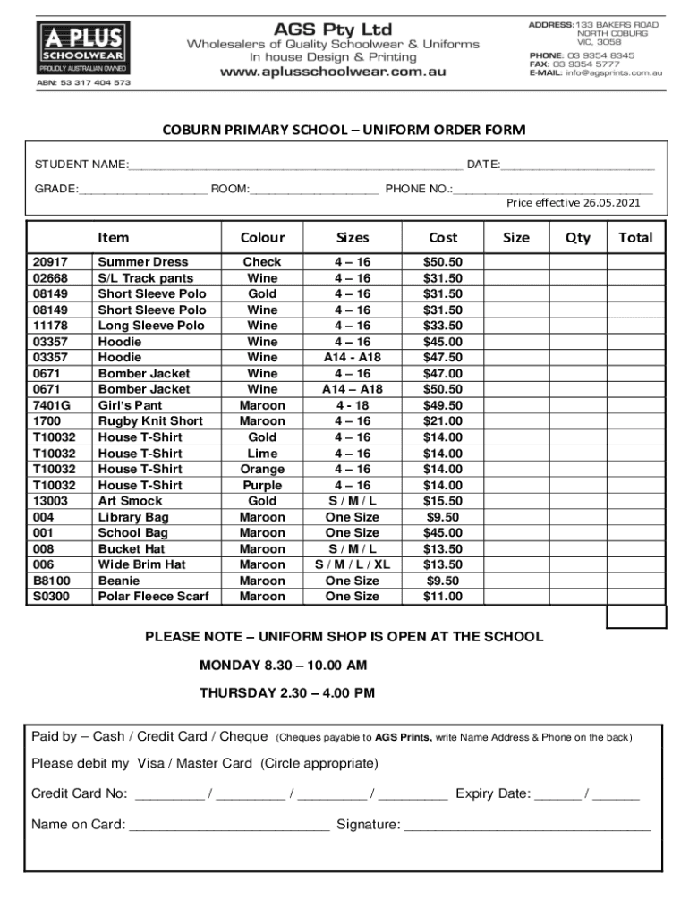 AU Coburn Primary School Uniform Order Form