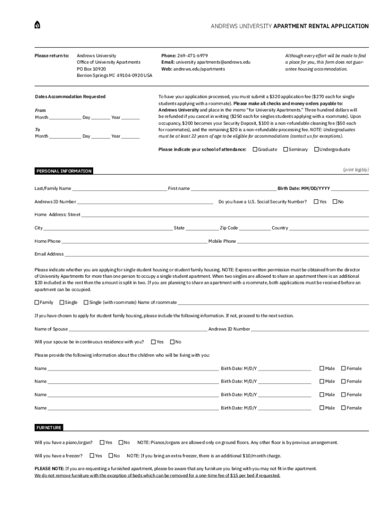 Www Andrews Edu Life HousingANDREWS UNIVERSITY APARTMENT RENTAL APPLICATION  Form