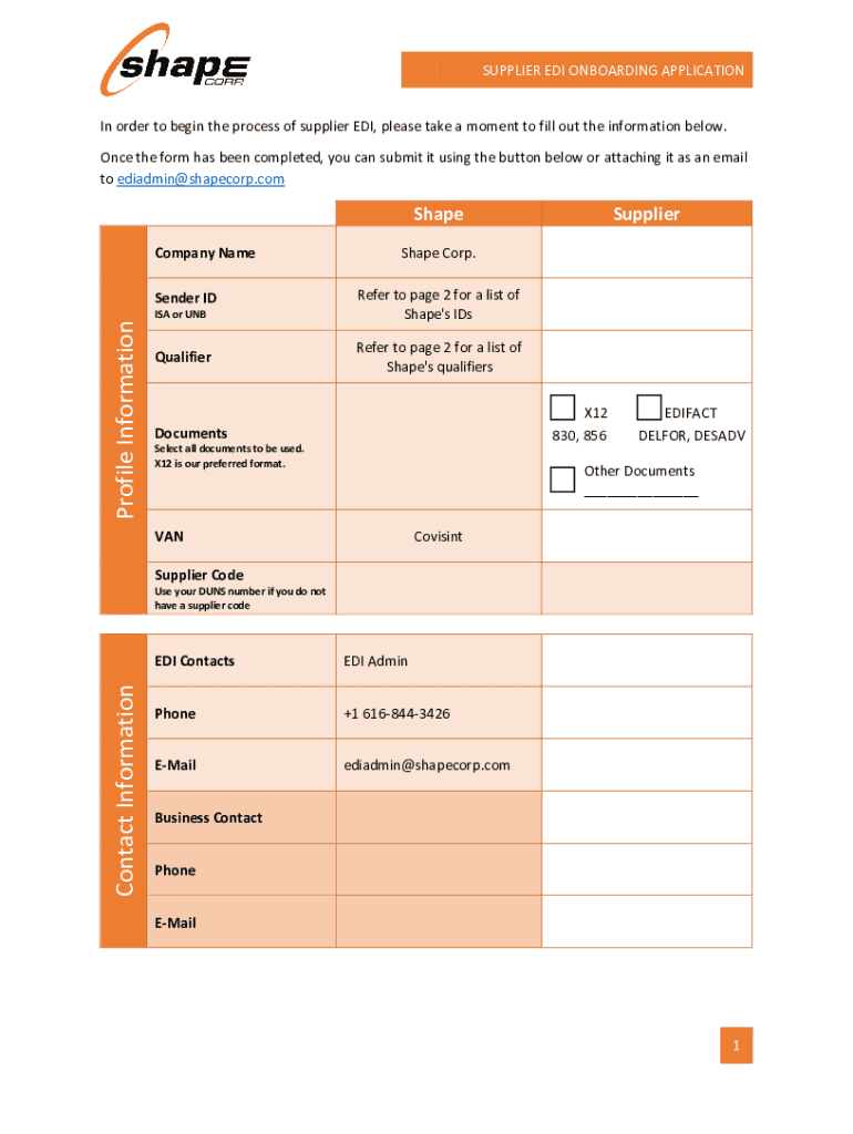 Supplier EDI Onboarding Application Shape Corp  Form