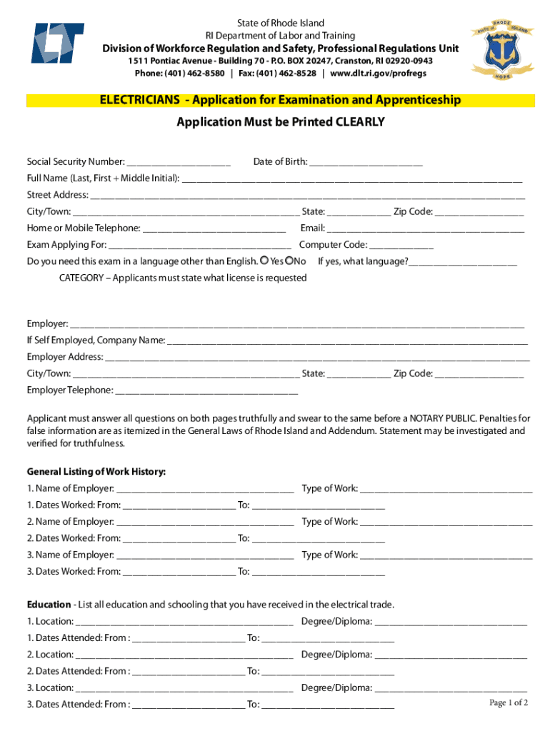 Electrician Application INSTRUCTIONS RI Department of Labor  Form