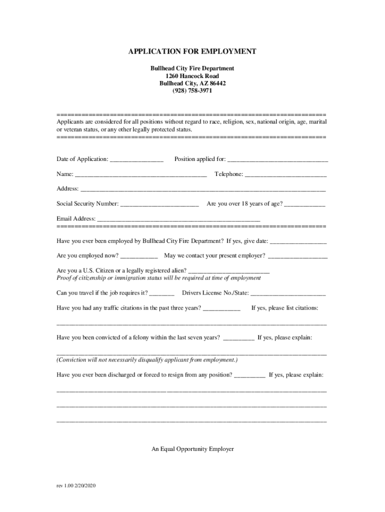 APPLICATION for EMPLOYMENT Bullhead City Fire Department  Form