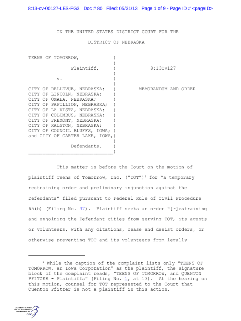 813 Cv 00127 LES FG3 DOC # 80 Filed 053113 Page 1 of 9  Form