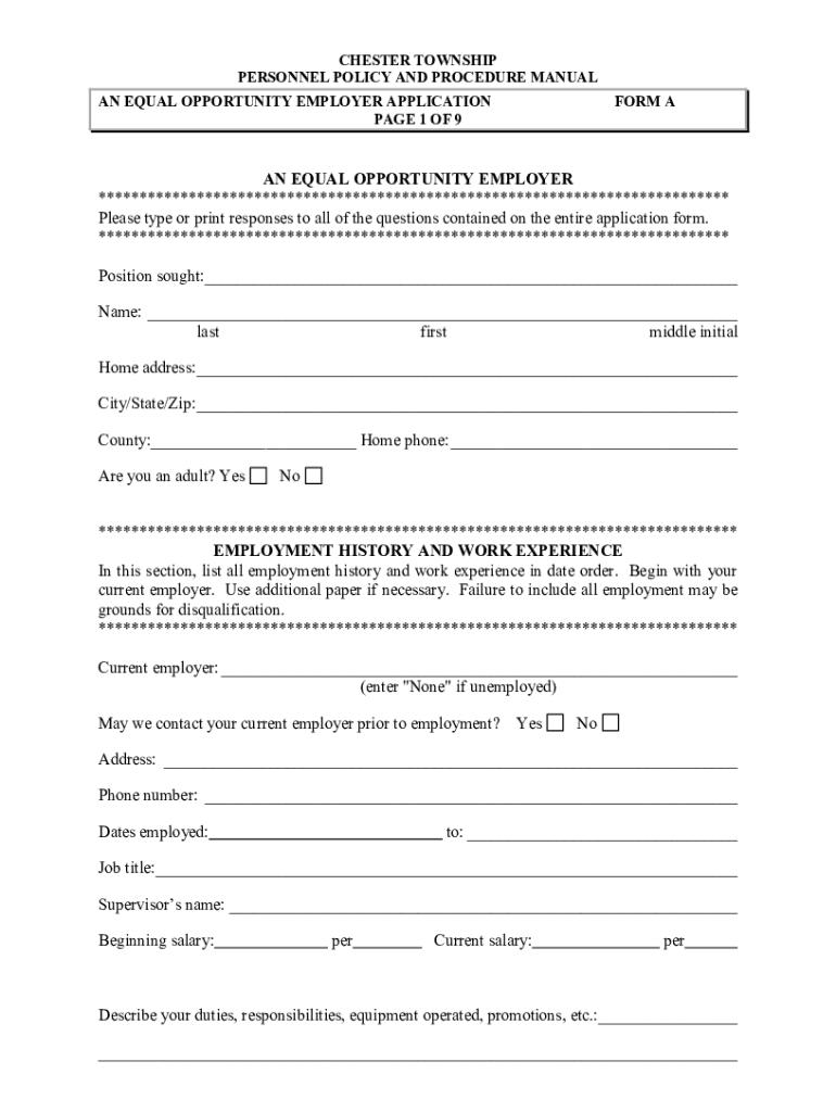Chestertwp ComresourcesdocumentsAn Equal Opportunity Employer Application Chestertwp Com  Form