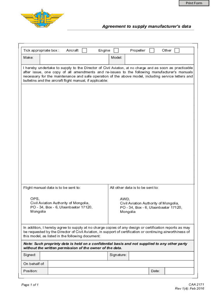 CAA Form 2171 Agreement to Supply Manufacturer&#039;s Data