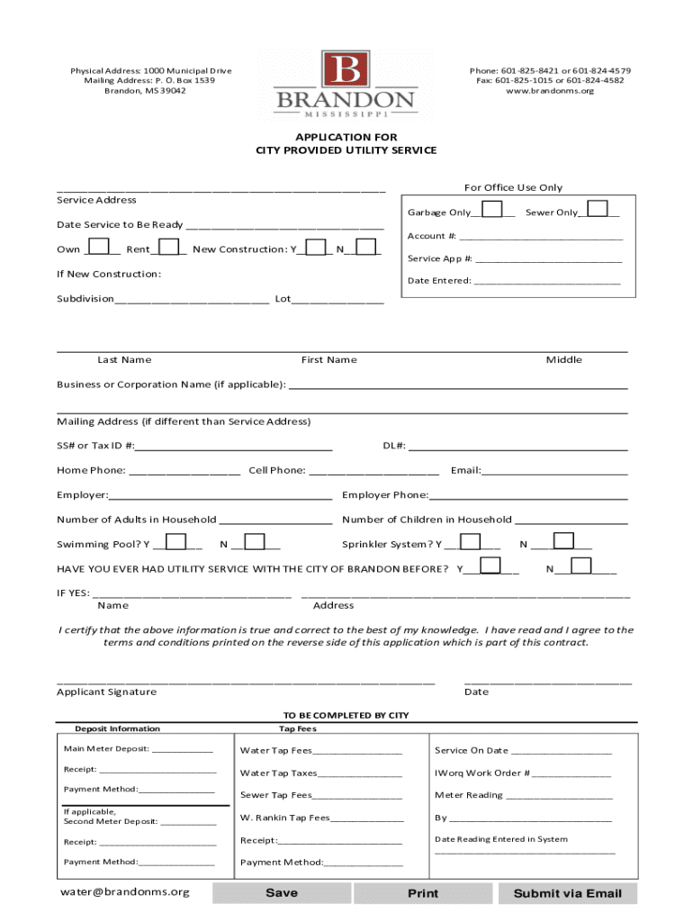 APPLICATION for CITY PROVIDED UTILITY SERVICE Water  Form