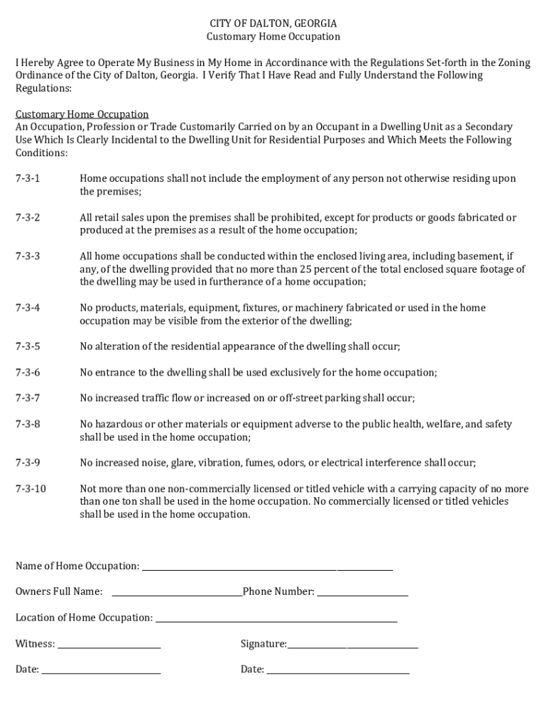 Customary Home Occupational Form City of Dalton