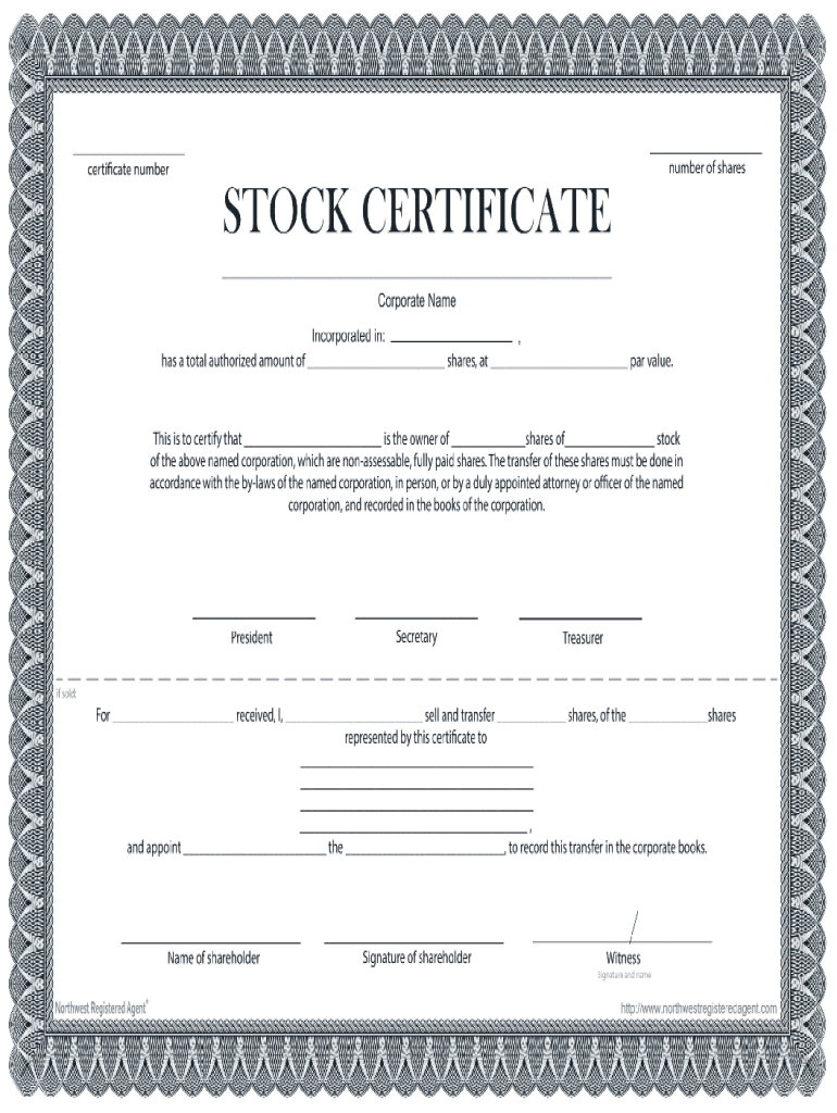 WA Northwest Registered Agent Stock Certificate  Form