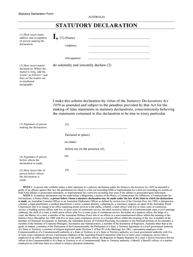 Statutory Declaration Form AUSTRALIA STATUTORY