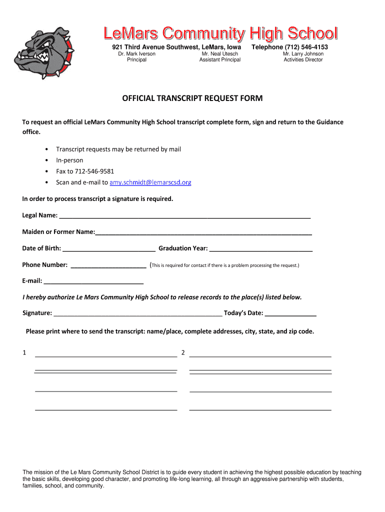 Official Transcript Request Form  LeMars Community Schools