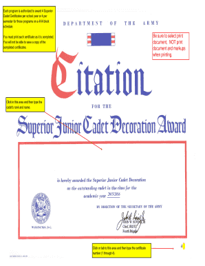 Jrotc Superior Cadet Award Certificate  Form