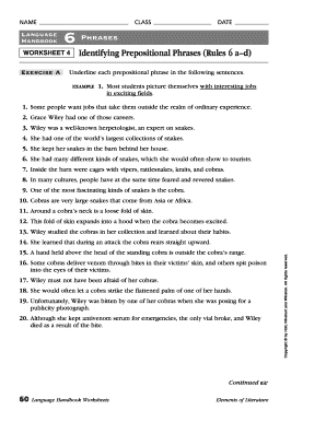 Identifying Prepositional Phrases Worksheet PDF  Form